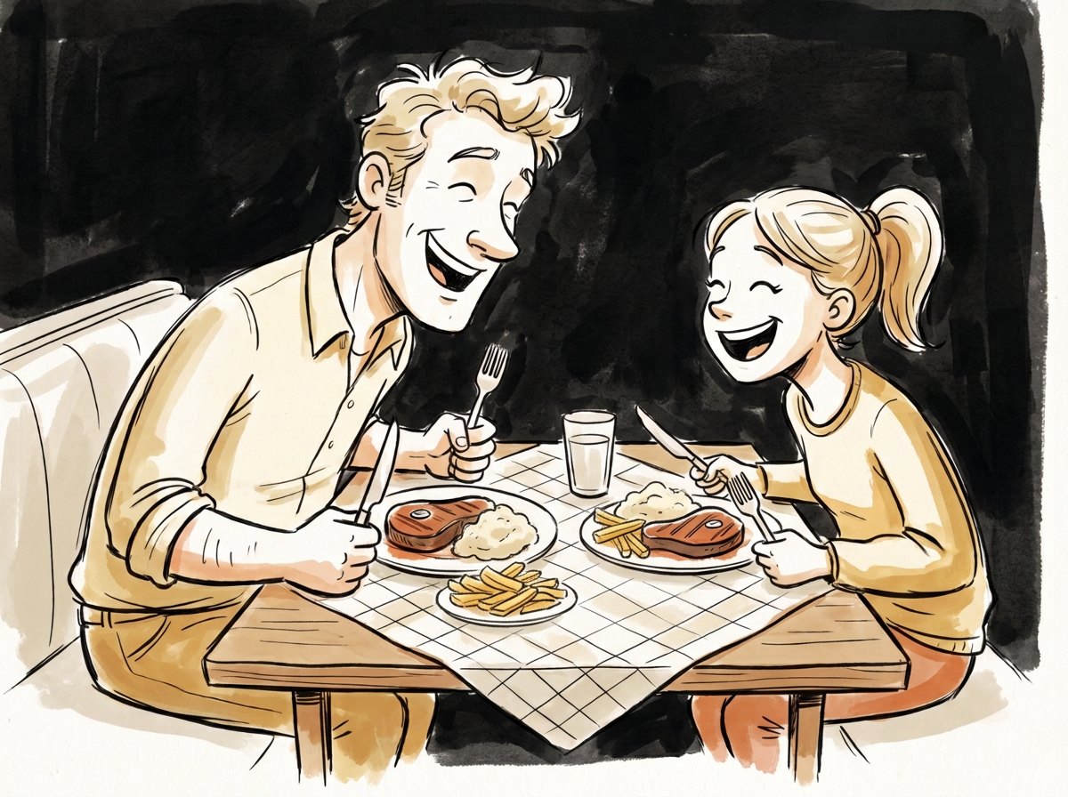 Illustration of a father and daughter laughing across a restaurant table, steak, mashed potato and chips on their plates.